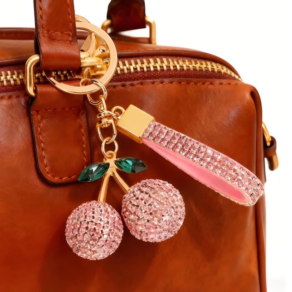 Pink Cherry Rhinestone Bling Keychain Accessory Bag Charm - Picture 6 of 7